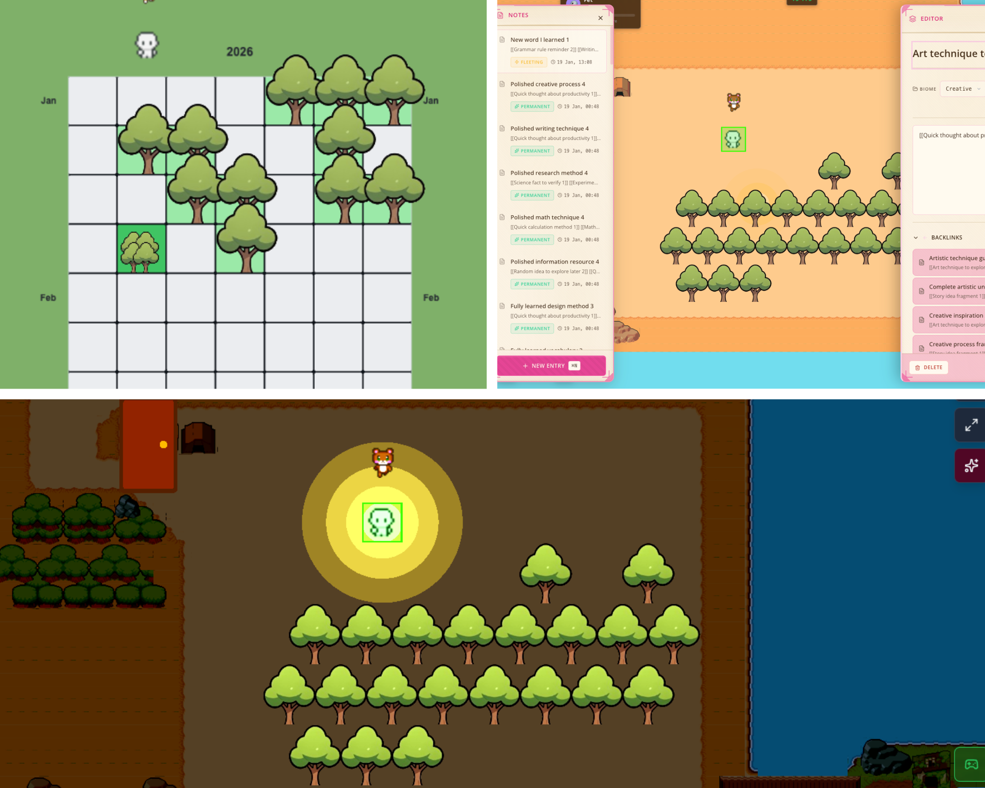 Vibrant garden environment showing notes transforming into plants and vines